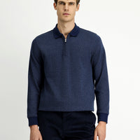Medium Navy Polo Collar Regular Fit Patterned Zip-Up Cotton Sweatshirt