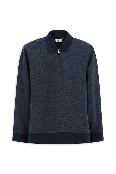 Medium Navy Polo Collar Regular Fit Patterned Zip-Up Cotton Sweatshirt