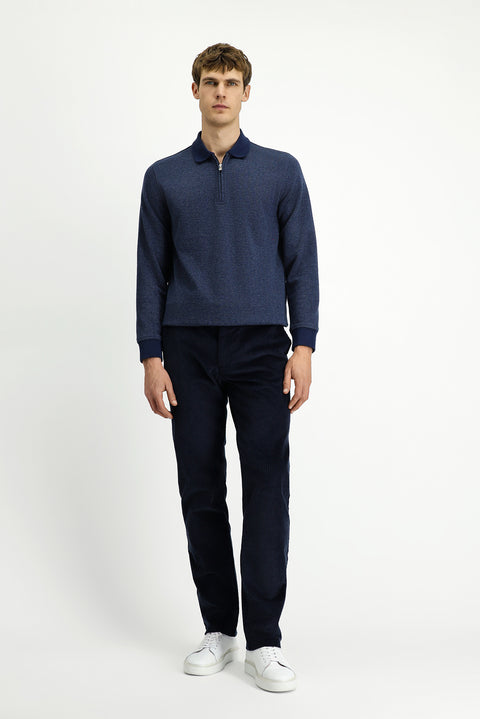 Medium Navy Polo Collar Regular Fit Patterned Zip-Up Cotton Sweatshirt