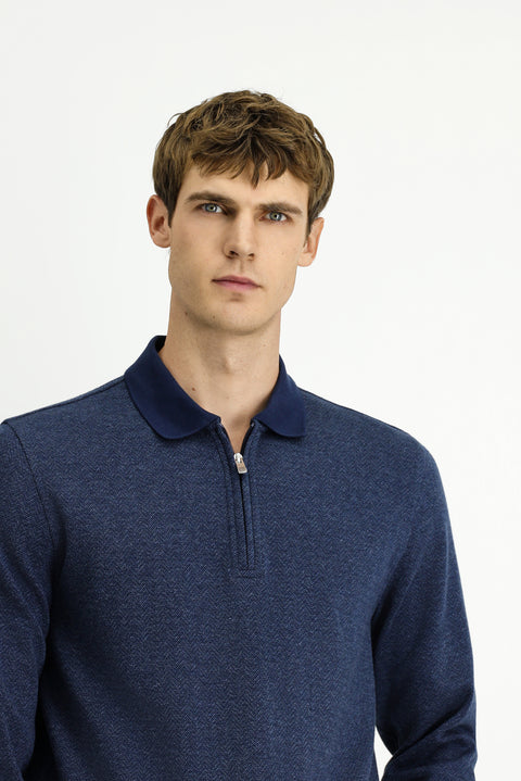 Medium Navy Polo Collar Regular Fit Patterned Zip-Up Cotton Sweatshirt
