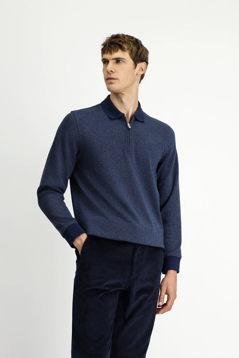 Medium Navy Polo Collar Regular Fit Patterned Zip-Up Cotton Sweatshirt