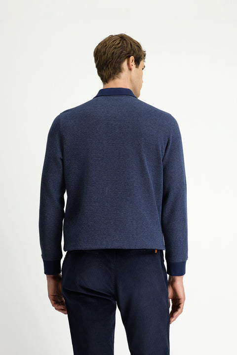 Medium Navy Polo Collar Regular Fit Patterned Zip-Up Cotton Sweatshirt
