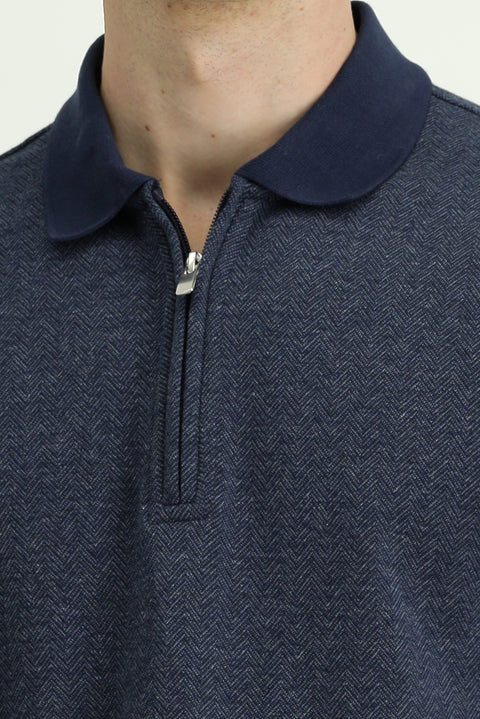 Medium Navy Polo Collar Regular Fit Patterned Zip-Up Cotton Sweatshirt