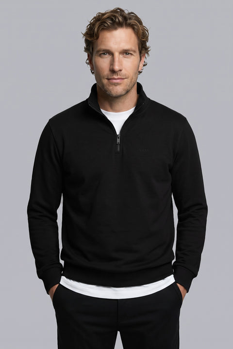 Siyah Yarım Balıkçı Yaka Regular Fit Pamuklu Mevsimlik Nakışlı 2 İplik Fermuarlı Sweatshirt