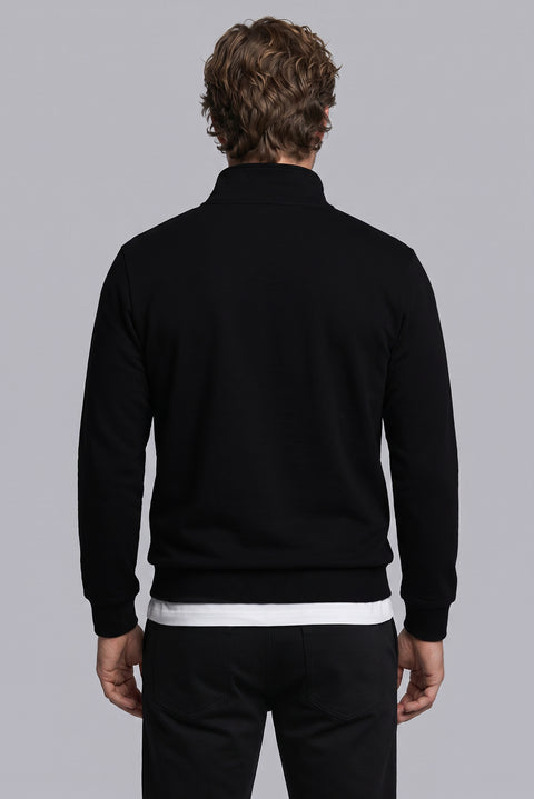 Siyah Yarım Balıkçı Yaka Regular Fit Pamuklu Mevsimlik Nakışlı 2 İplik Fermuarlı Sweatshirt