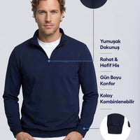 İndigo Yarım Balıkçı Yaka Regular Fit Pamuklu Mevsimlik Nakışlı 2 İplik Fermuarlı Sweatshirt