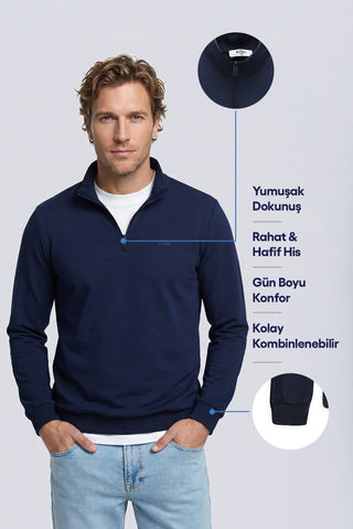 İndigo Yarım Balıkçı Yaka Regular Fit Pamuklu Mevsimlik Nakışlı 2 İplik Fermuarlı Sweatshirt