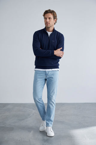  İndigo Yarım Balıkçı Yaka Regular Fit Pamuklu Mevsimlik Nakışlı 2 İplik Fermuarlı Sweatshirt