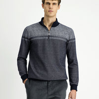 Medium Navy Blue Semi-Turtleneck Regular Fit Patterned Zip-Up Cotton Sweatshirt