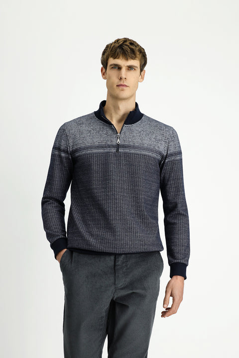Medium Navy Blue Semi-Turtleneck Regular Fit Patterned Zip-Up Cotton Sweatshirt