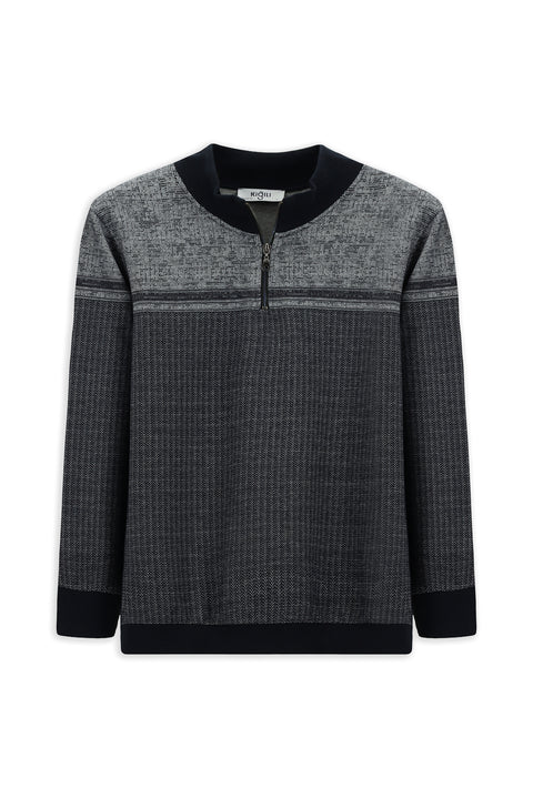 Medium Navy Blue Semi-Turtleneck Regular Fit Patterned Zip-Up Cotton Sweatshirt