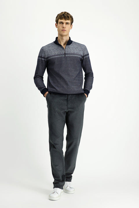 Medium Navy Blue Semi-Turtleneck Regular Fit Patterned Zip-Up Cotton Sweatshirt