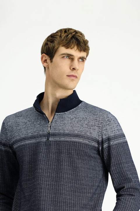 Medium Navy Blue Semi-Turtleneck Regular Fit Patterned Zip-Up Cotton Sweatshirt