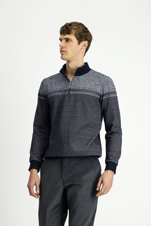 Medium Navy Blue Semi-Turtleneck Regular Fit Patterned Zip-Up Cotton Sweatshirt