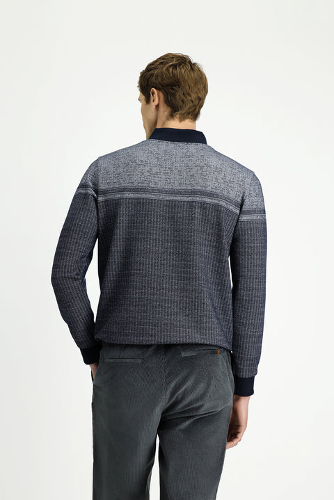 Medium Navy Blue Semi-Turtleneck Regular Fit Patterned Zip-Up Cotton Sweatshirt