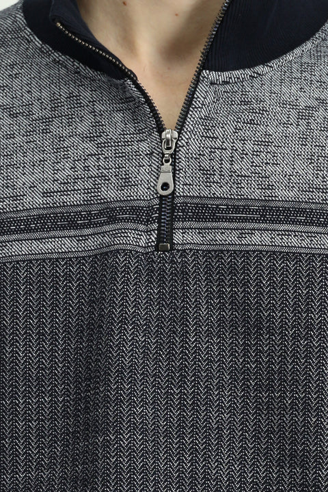 Medium Navy Blue Semi-Turtleneck Regular Fit Patterned Zip-Up Cotton Sweatshirt