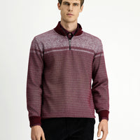 Koyu Bordo Yarım Balıkçı Yaka Yaka Regular Fit Desenli Fermuarlı Pamuklu Sweatshirt