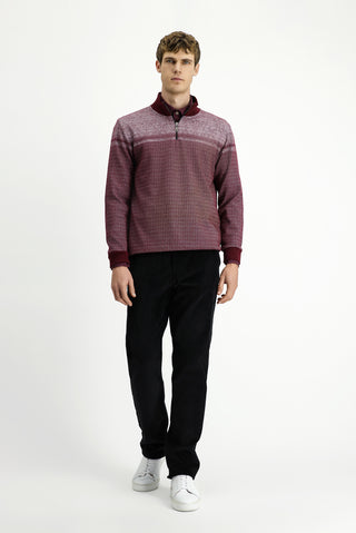  Koyu Bordo Yarım Balıkçı Yaka Yaka Regular Fit Desenli Fermuarlı Pamuklu Sweatshirt