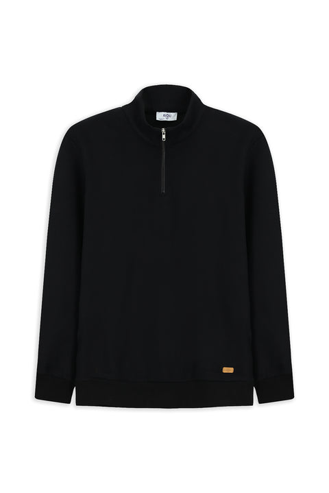 Black Half Turtleneck Regular Fit Zip-Up Cotton Sweatshirt