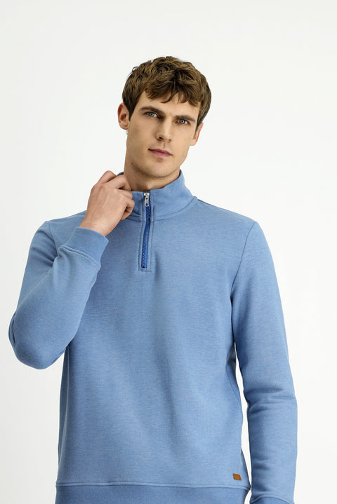 Havacı Mavi Yarım Balıkçı Yaka Yaka Regular Fit Fermuarlı Pamuklu Sweatshirt