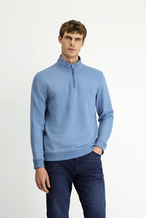 Havacı Mavi Yarım Balıkçı Yaka Yaka Regular Fit Fermuarlı Pamuklu Sweatshirt