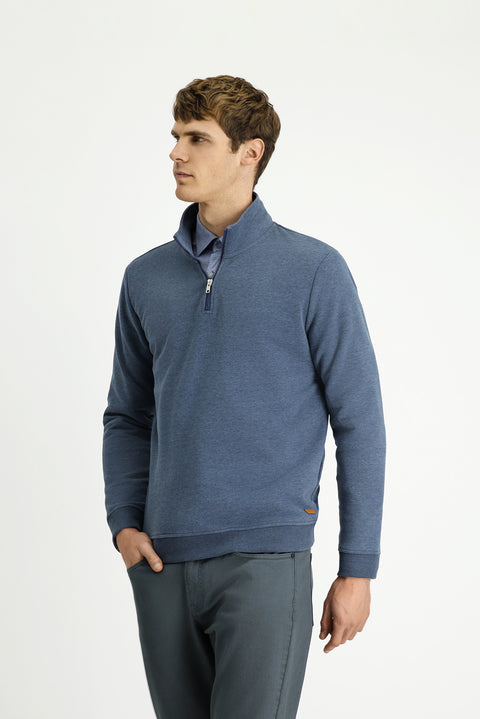 İndigo Melanj Yarım Balıkçı Yaka Yaka Regular Fit Fermuarlı Pamuklu Sweatshirt