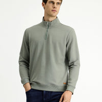 Light Khaki Half Turtleneck Regular Fit Zip-Up Cotton Sweatshirt