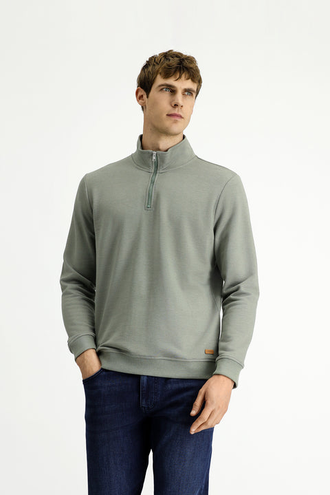 Light Khaki Half Turtleneck Regular Fit Zip-Up Cotton Sweatshirt