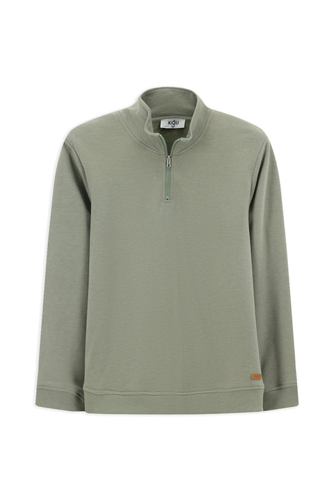 Light Khaki Half Turtleneck Regular Fit Zip-Up Cotton Sweatshirt