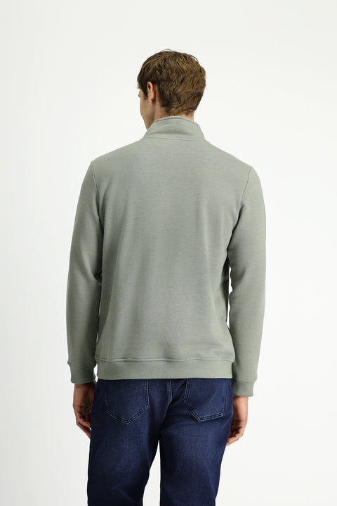Light Khaki Half Turtleneck Regular Fit Zip-Up Cotton Sweatshirt