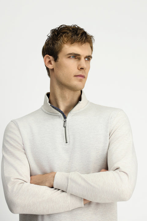 Açık Bej Yarım Balıkçı Yaka Regular Fit Fermuarlı Pamuklu Sweatshirt