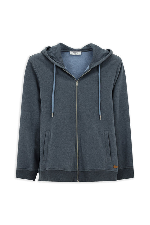 Indigo Melange Hooded Zip-Up Cotton Sweatshirt Cardigan