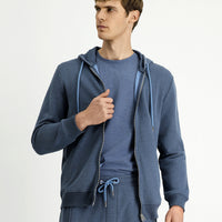 Indigo Melange Hooded Zip-Up Cotton Sweatshirt Cardigan