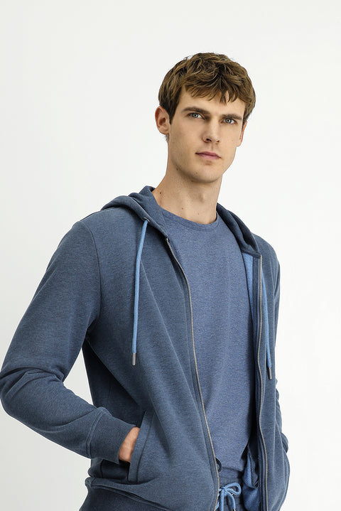 Indigo Melange Hooded Zip-Up Cotton Sweatshirt Cardigan