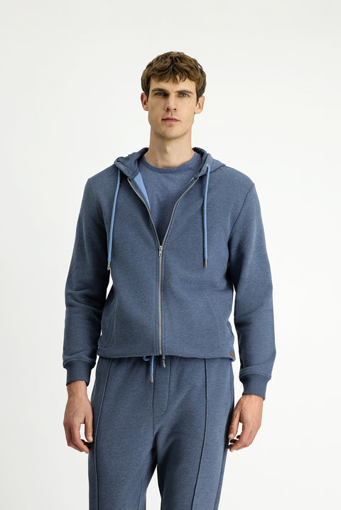 Indigo Melange Hooded Zip-Up Cotton Sweatshirt Cardigan