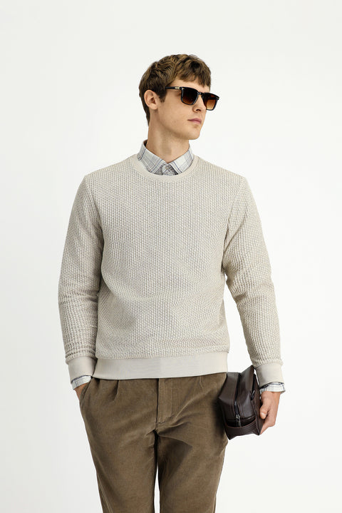 Light Beige Crew Neck Regular Fit Patterned Cotton Sweatshirt