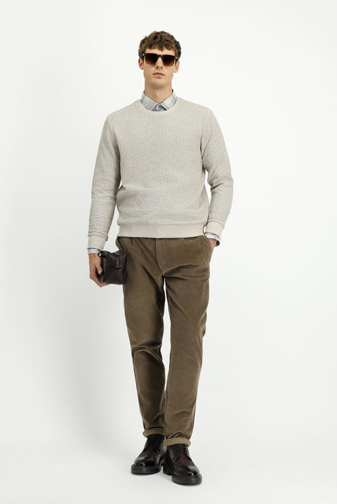 Light Beige Crew Neck Regular Fit Patterned Cotton Sweatshirt