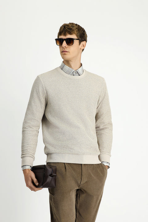 Light Beige Crew Neck Regular Fit Patterned Cotton Sweatshirt
