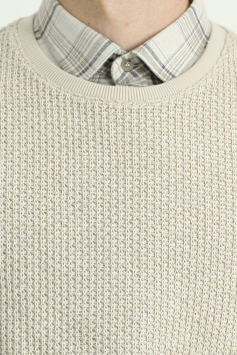 Light Beige Crew Neck Regular Fit Patterned Cotton Sweatshirt