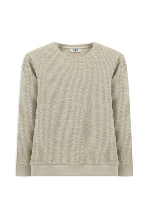 Light Beige Crew Neck Regular Fit Patterned Cotton Sweatshirt