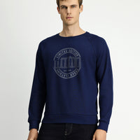 Dark Navy Crew Neck Regular Fit Printed Cotton Sweatshirt