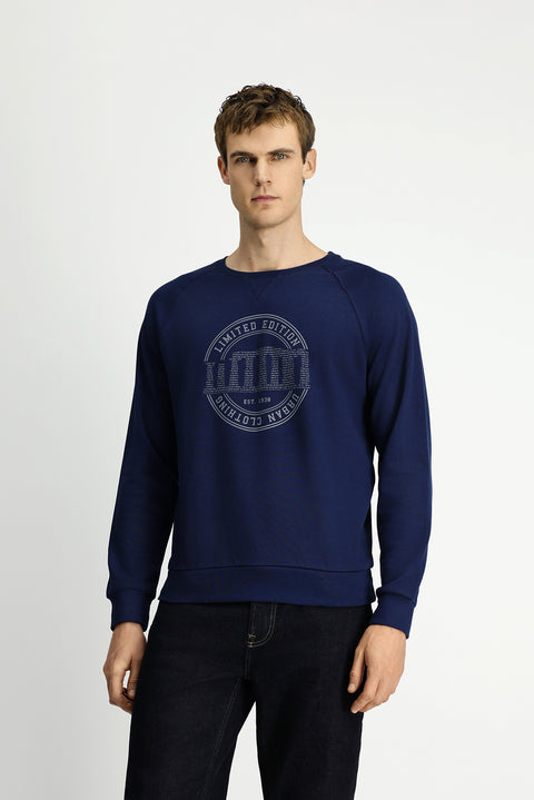 Dark Navy Crew Neck Regular Fit Printed Cotton Sweatshirt