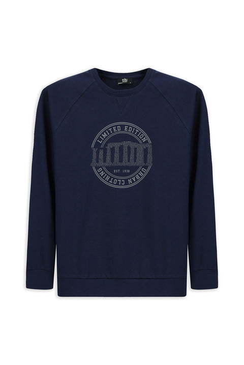 Dark Navy Crew Neck Regular Fit Printed Cotton Sweatshirt