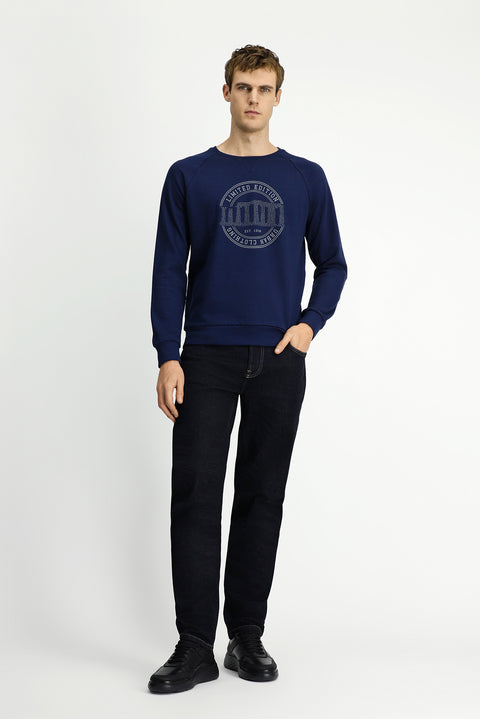 Dark Navy Crew Neck Regular Fit Printed Cotton Sweatshirt