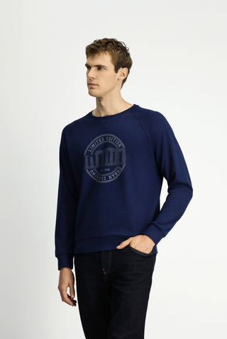  Koyu Lacivert Bisiklet Yaka Regular Fit Baskılı Pamuk Sweatshirt