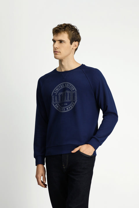 Dark Navy Crew Neck Regular Fit Printed Cotton Sweatshirt