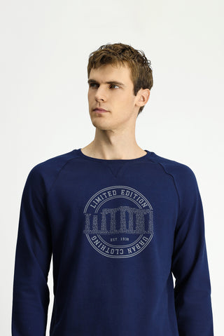  Koyu Lacivert Bisiklet Yaka Regular Fit Baskılı Pamuk Sweatshirt