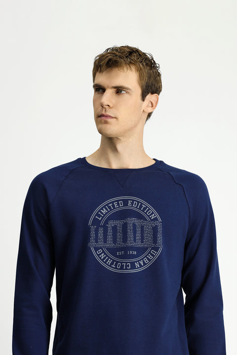 Dark Navy Crew Neck Regular Fit Printed Cotton Sweatshirt