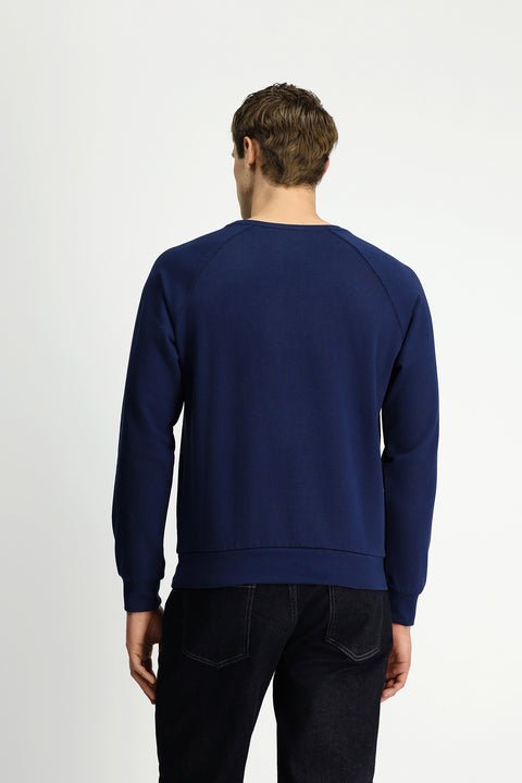 Dark Navy Crew Neck Regular Fit Printed Cotton Sweatshirt