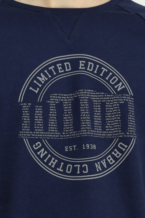 Dark Navy Crew Neck Regular Fit Printed Cotton Sweatshirt